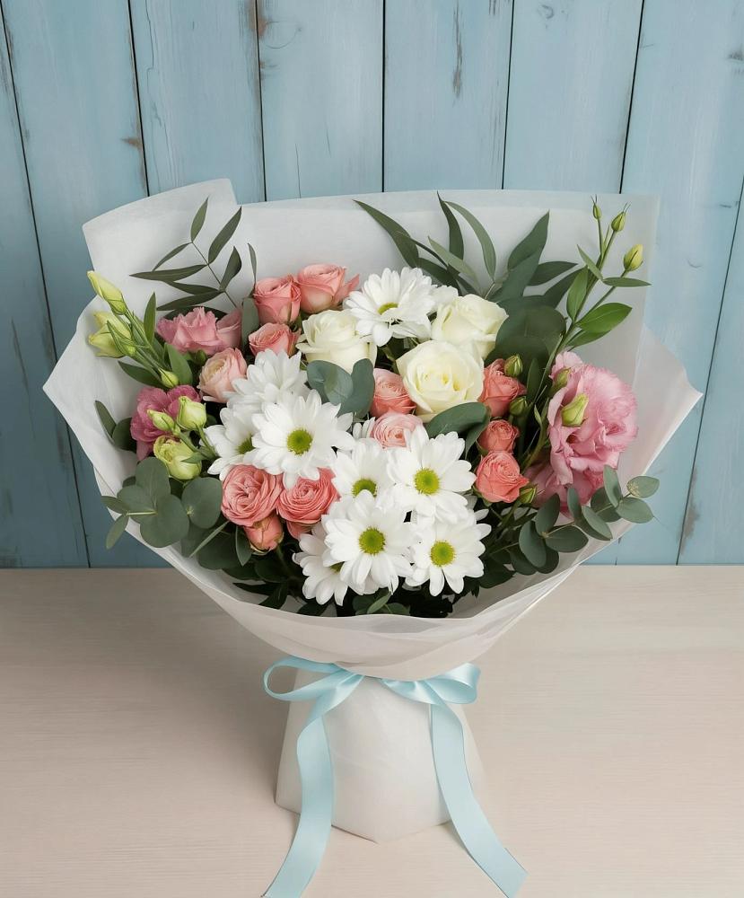 Букет цветов из: Розы, Лизиантусы и Хризантемы в Ташла