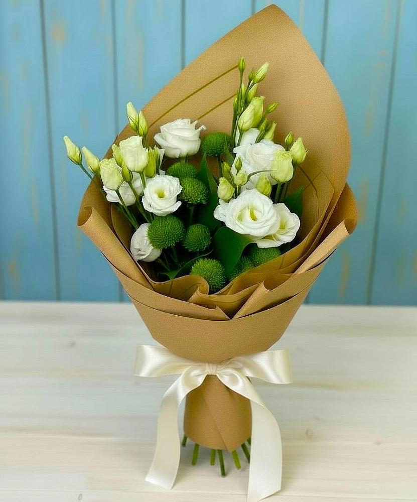 Букет цветов из: Хризантемы и Лизиантусы в Ташла