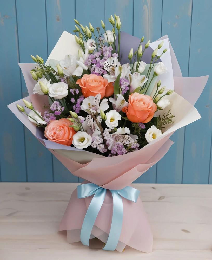 Букет цветов из: Лизиантусы, Розы, Альстромерии и Гипсофила в Ташла