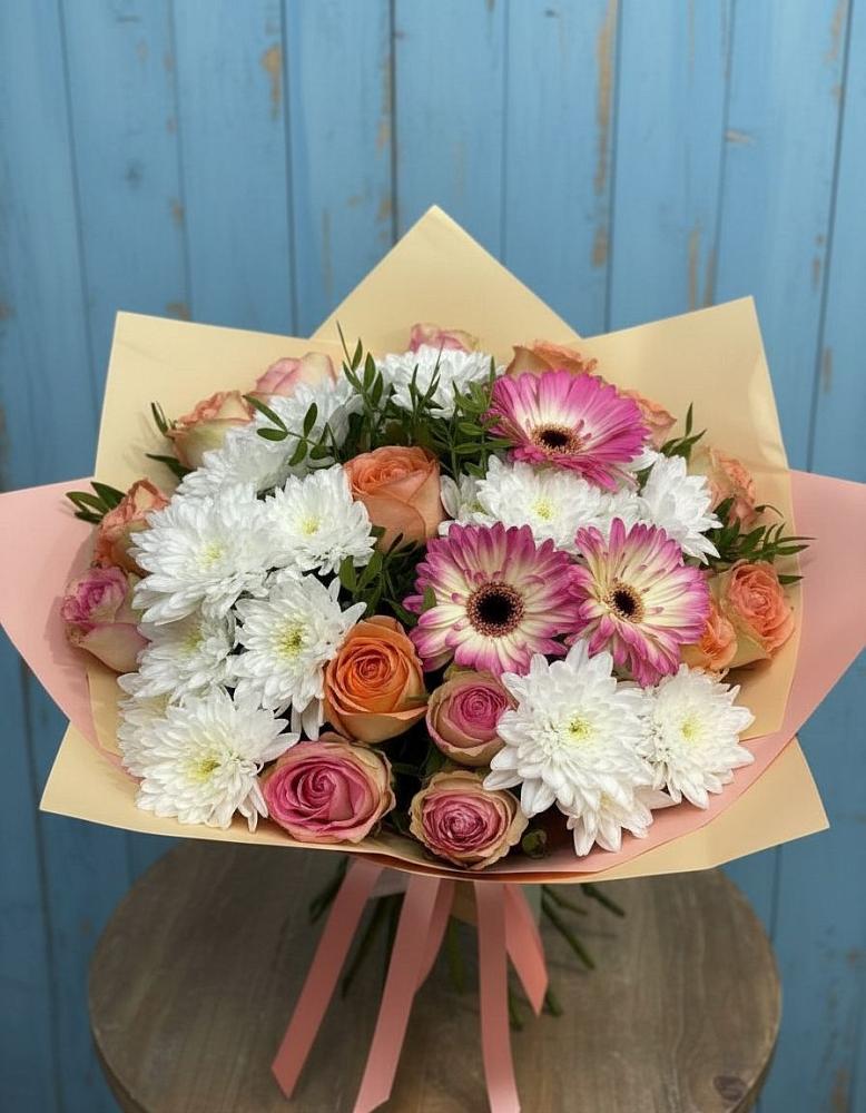 Букет цветов из: Розы, Герберы и Хризантемы в Ташла